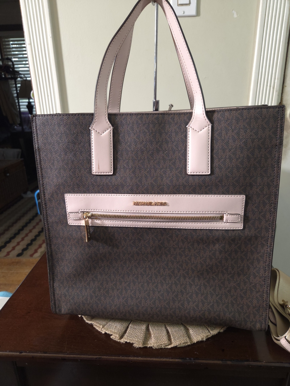 Michael Kors Brown Logo Tote with Pink Trim
